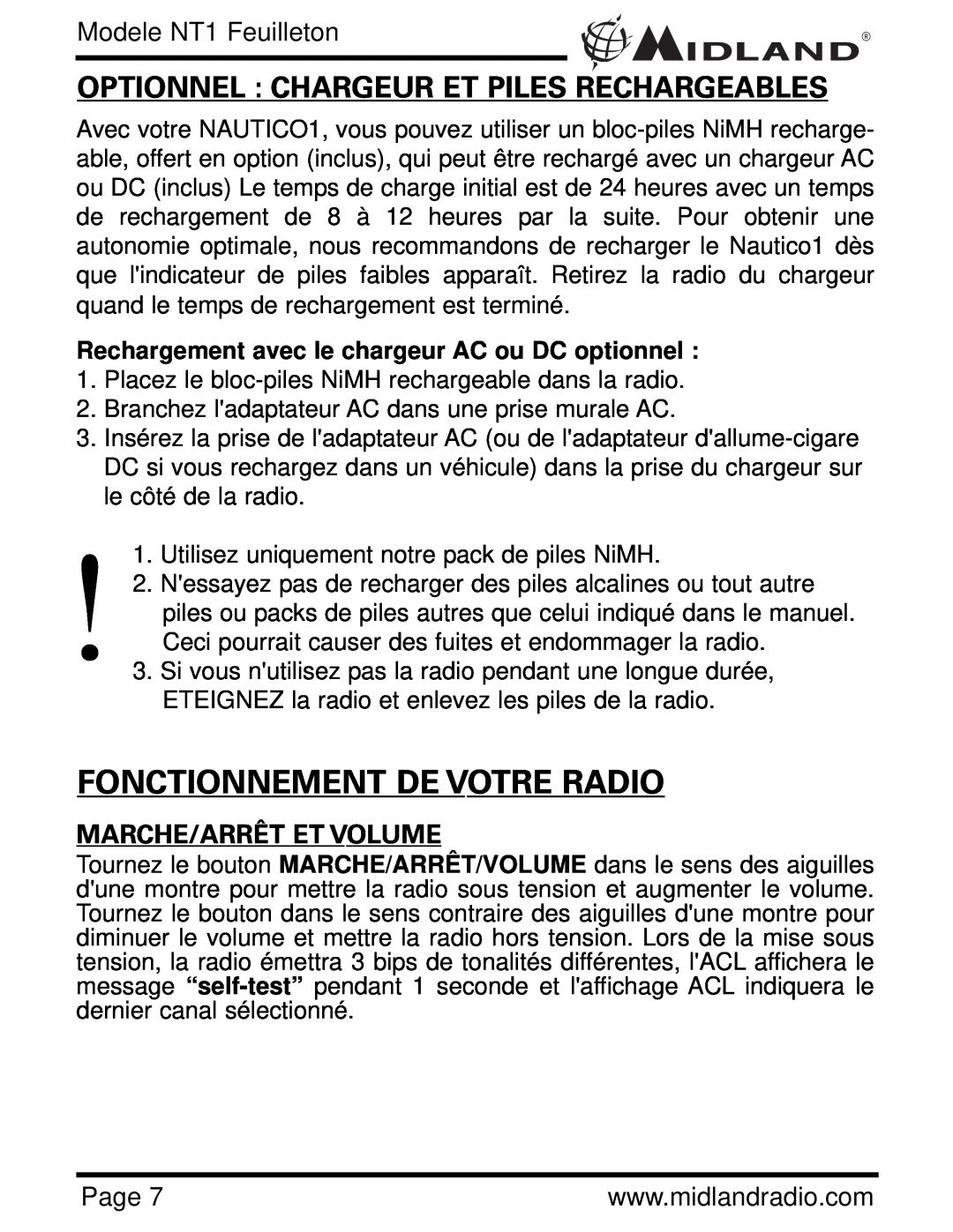 Midland Radio NT1 SERIES Fonctionnement De Votre Radio, Marche/Arrêt Et Volume, Optionnel Chargeur Et Piles Rechargeables 