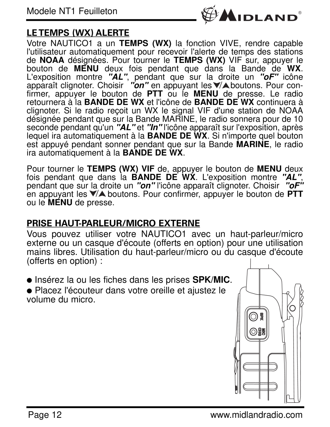 Midland Radio NT1VP, NT1 SERIES owner manual Le Temps Wx Alerte, Prise Haut-Parleur/Micro Externe, Modele NT1 Feuilleton 