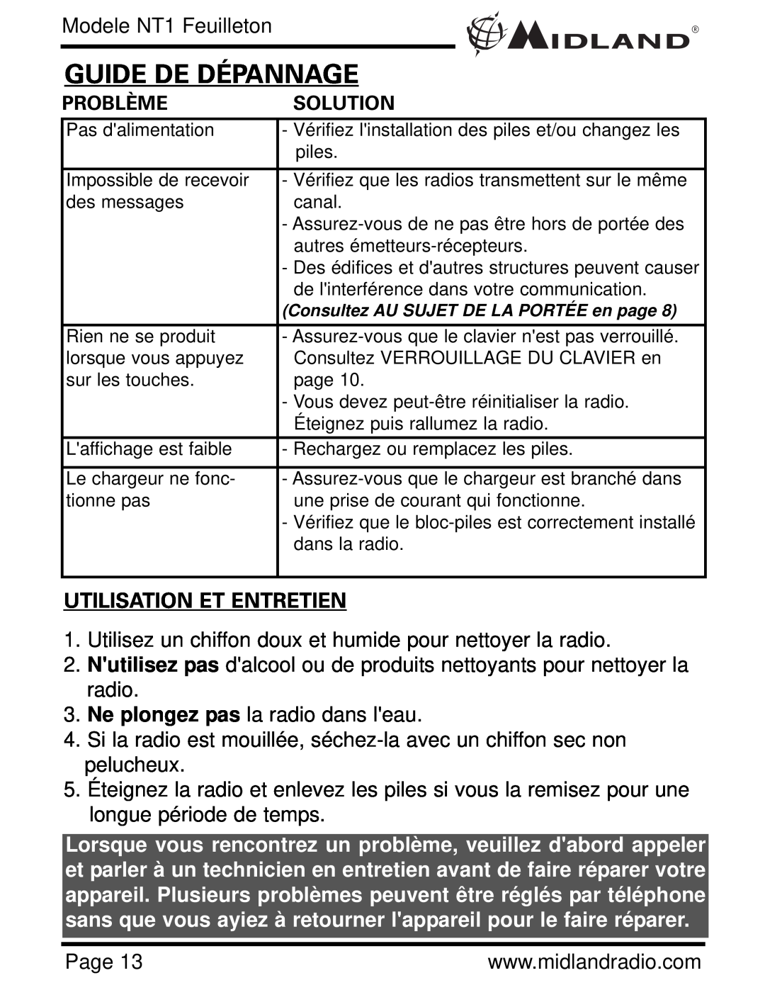 Midland Radio NT1 SERIES, NT1VP owner manual Guide De Dépannage, Utilisation Et Entretien, Problème, Solution 