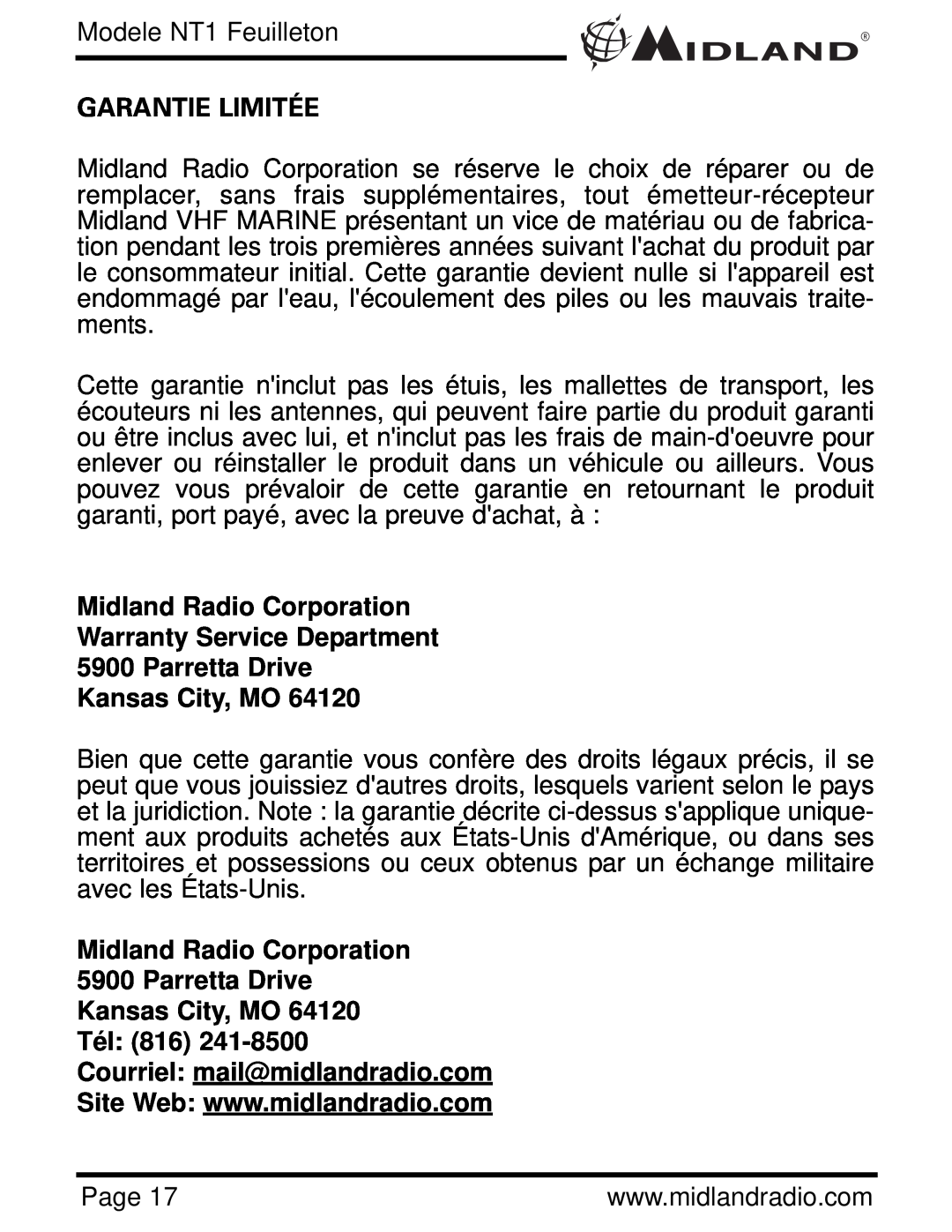 Midland Radio NT1 SERIES, NT1VP Garantie Limitée, Midland Radio Corporation 5900 Parretta Drive Kansas City, MO Tél 816 
