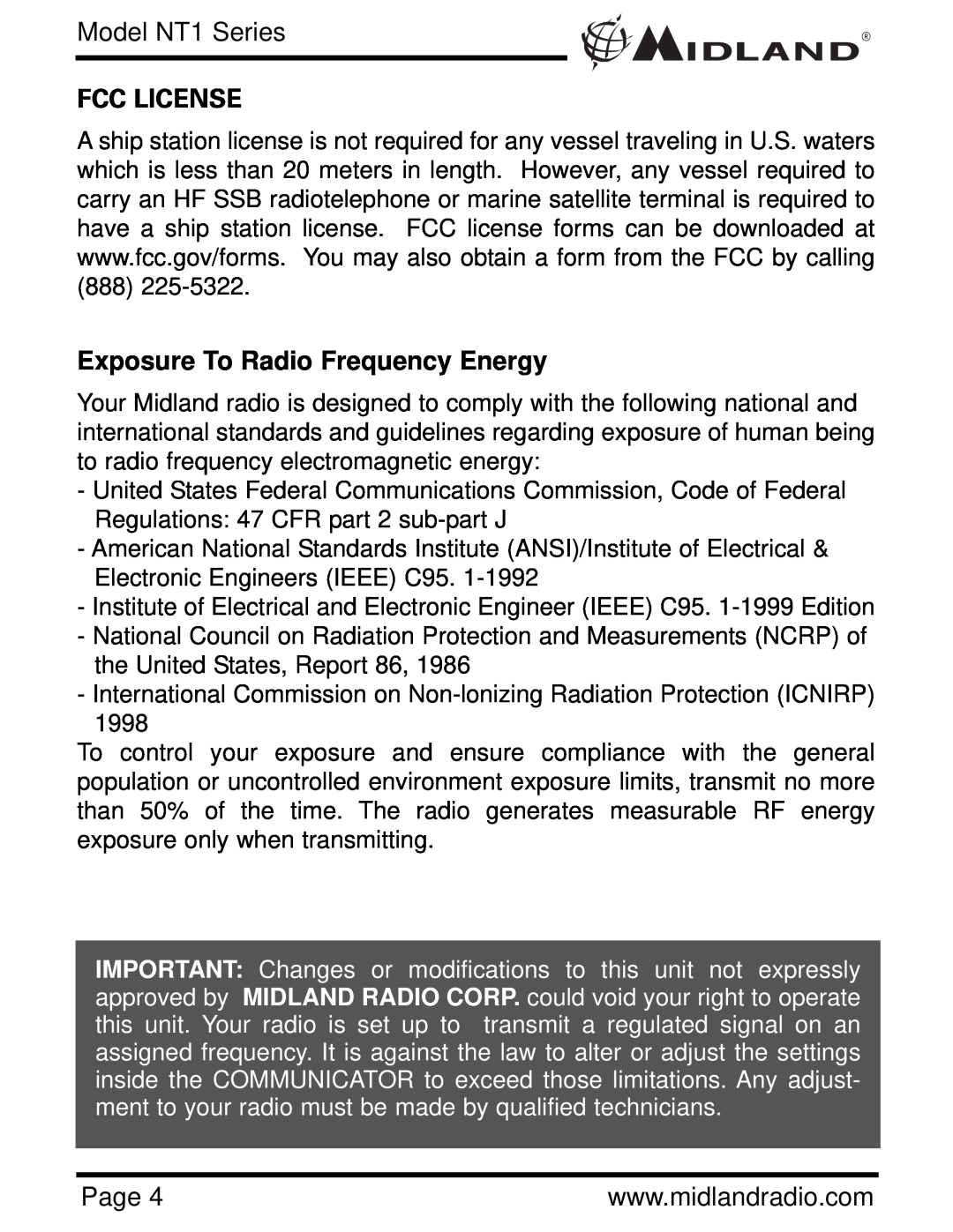 Midland Radio NT1VP, NT1 SERIES owner manual Fcc License, Exposure To Radio Frequency Energy, Model NT1 Series 