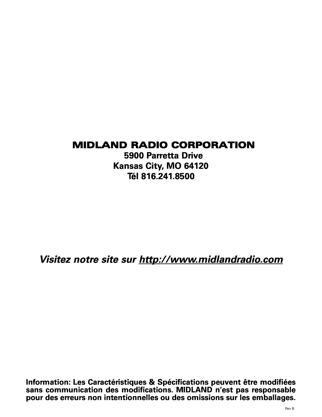 Midland Radio NT1VP, NT1 SERIES owner manual MIDLAND RADIO CORPORATION 5900 Parretta Drive Kansas City, MO Tél, Rev B 