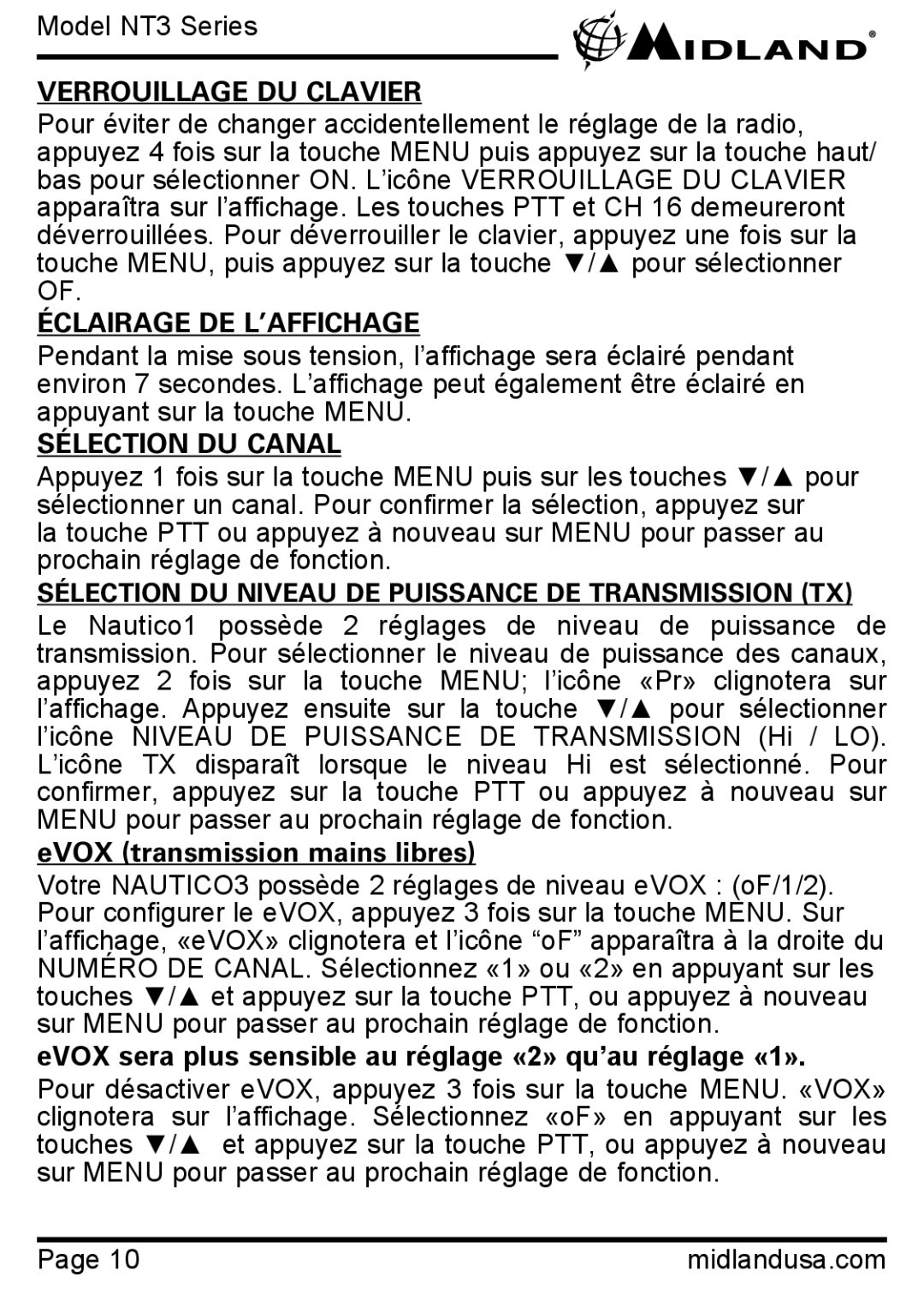 Midland Radio NT3 SERIES manual Verrouillage DU Clavier, Éclairage DE L’AFFICHAGE, Sélection DU Canal 