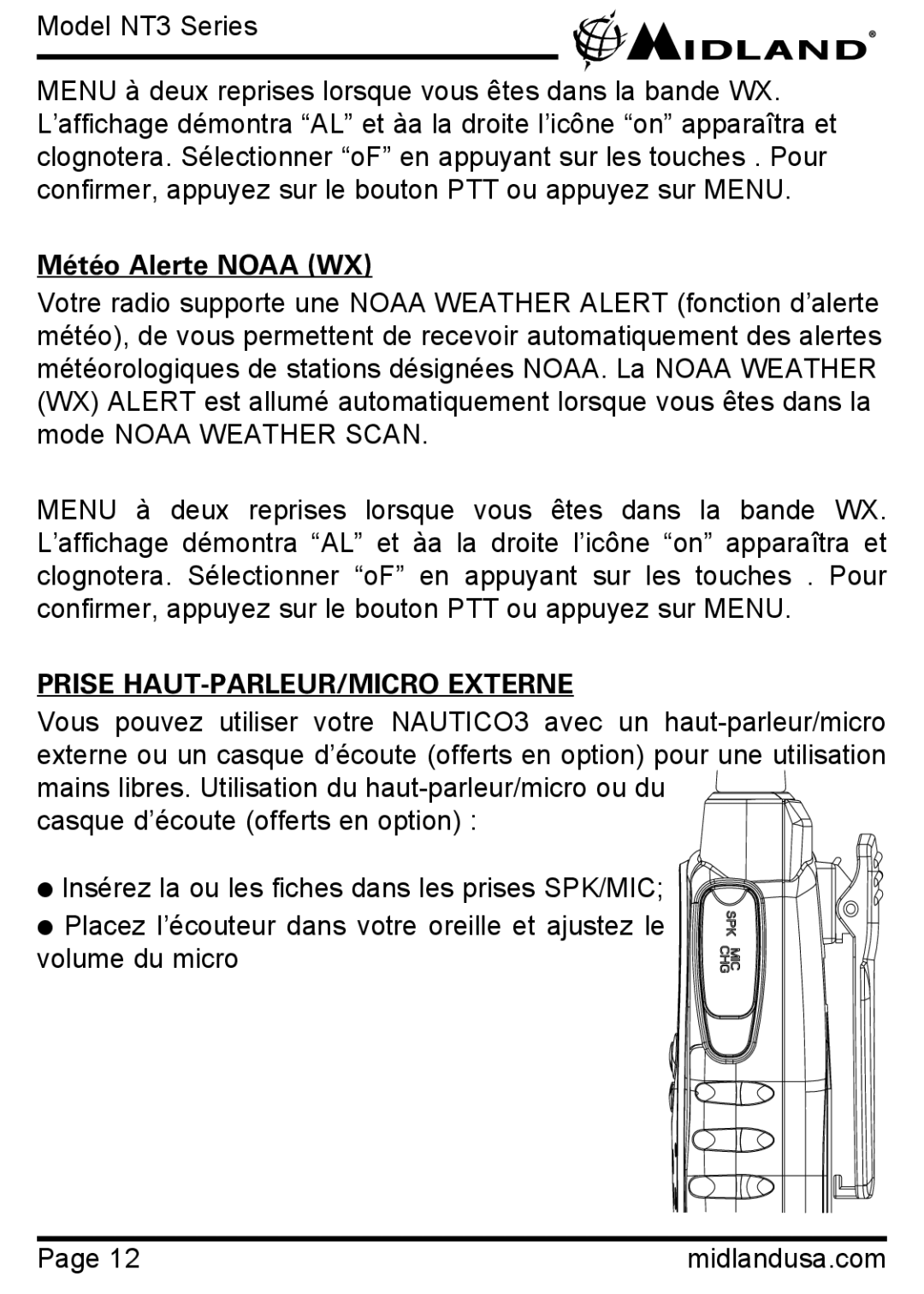 Midland Radio NT3 SERIES manual Météo Alerte Noaa WX, Prise HAUT-PARLEUR/MICRO Externe 