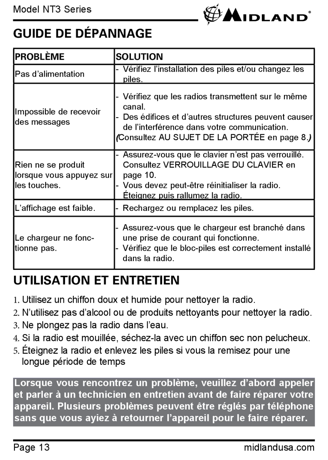 Midland Radio NT3 SERIES manual Guide DE Dépannage, Utilisation ET Entretien 