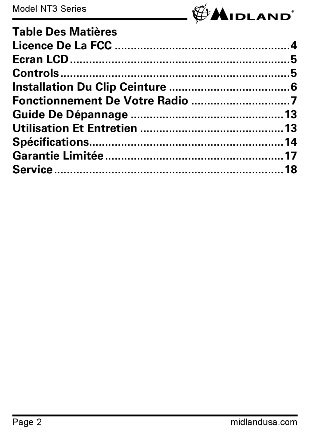 Midland Radio NT3 SERIES manual Table Des Matières, Model NT3 Series 