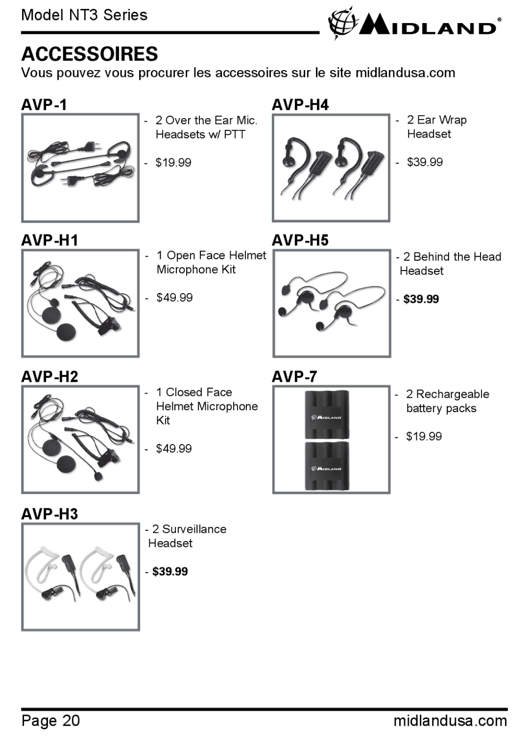 Midland Radio NT3 SERIES manual Accessoires 