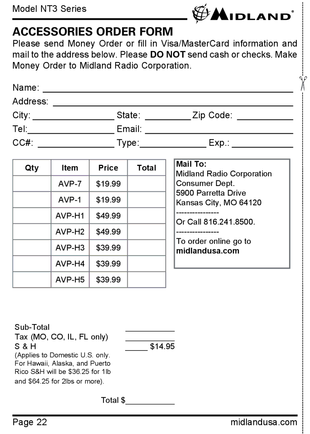 Midland Radio NT3 SERIES manual Accessories Order Form, Qty Price Total Mail To 