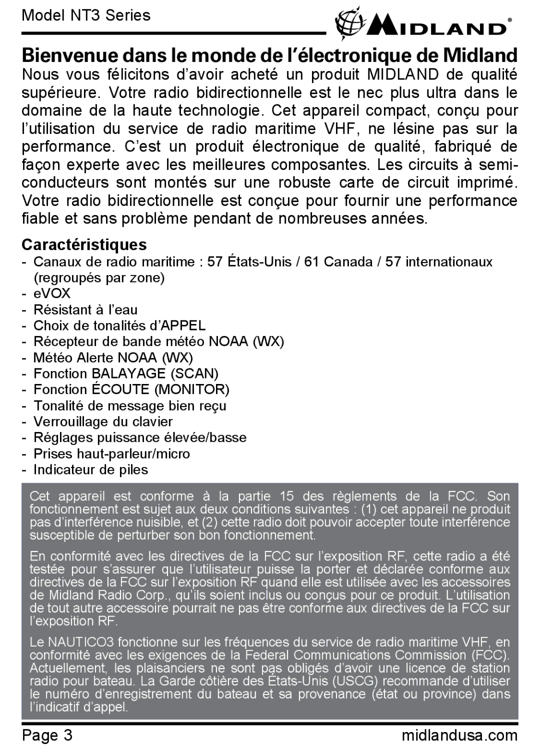 Midland Radio NT3 SERIES manual Bienvenue dans le monde de l’électronique de Midland, Caractéristiques 