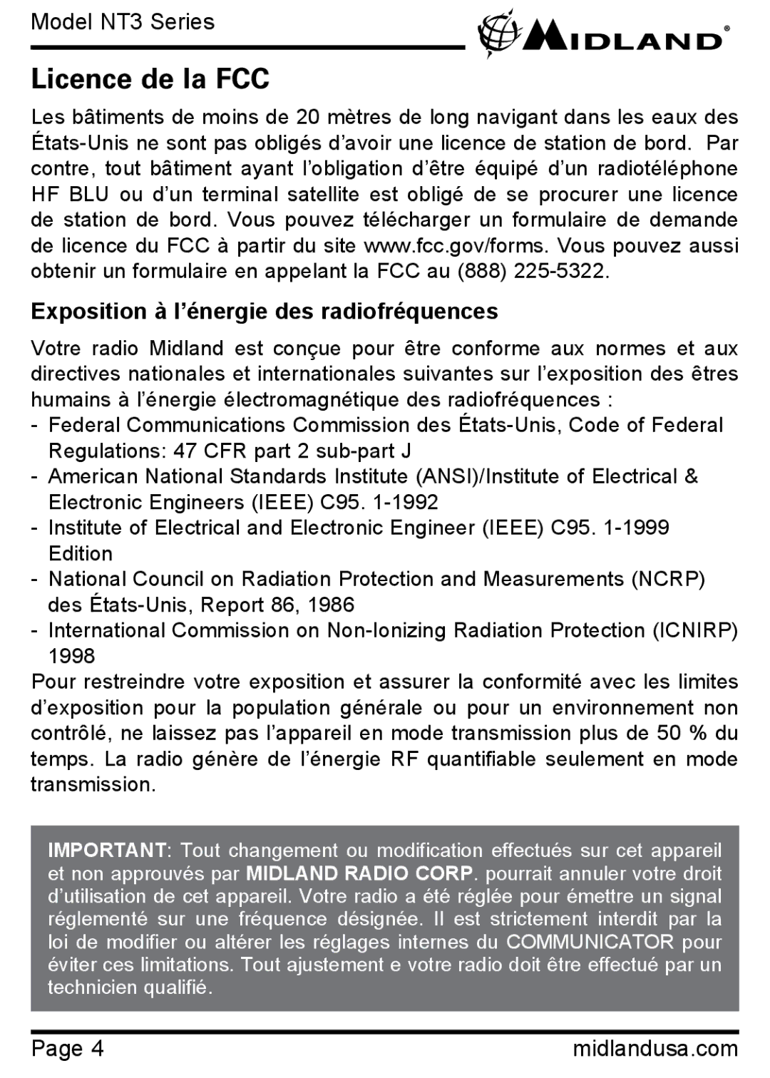 Midland Radio NT3 SERIES manual Licence de la FCC, Exposition à l’énergie des radiofréquences 