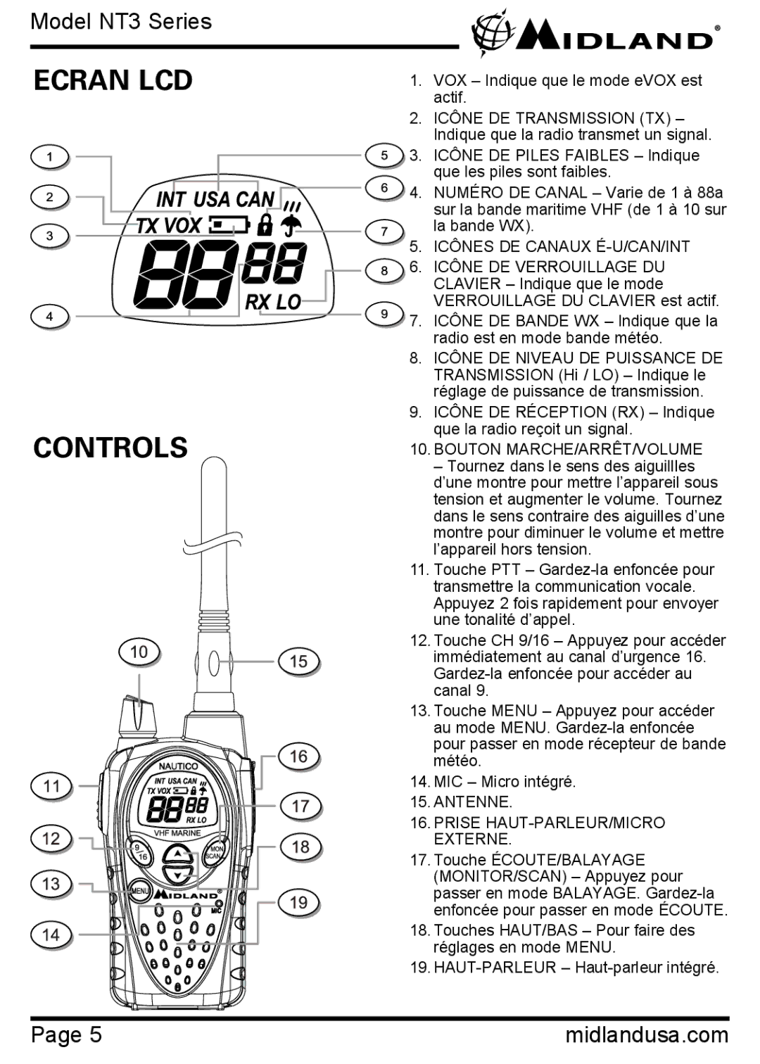 Midland Radio NT3 SERIES manual Ecran LCD Controls, Icônes DE Canaux É-U/CAN/INT 