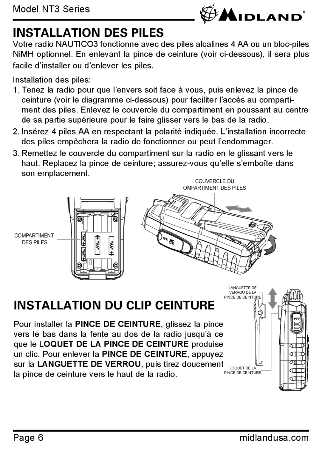 Midland Radio NT3 SERIES manual Installation DES Piles, Installation DU Clip Ceinture 