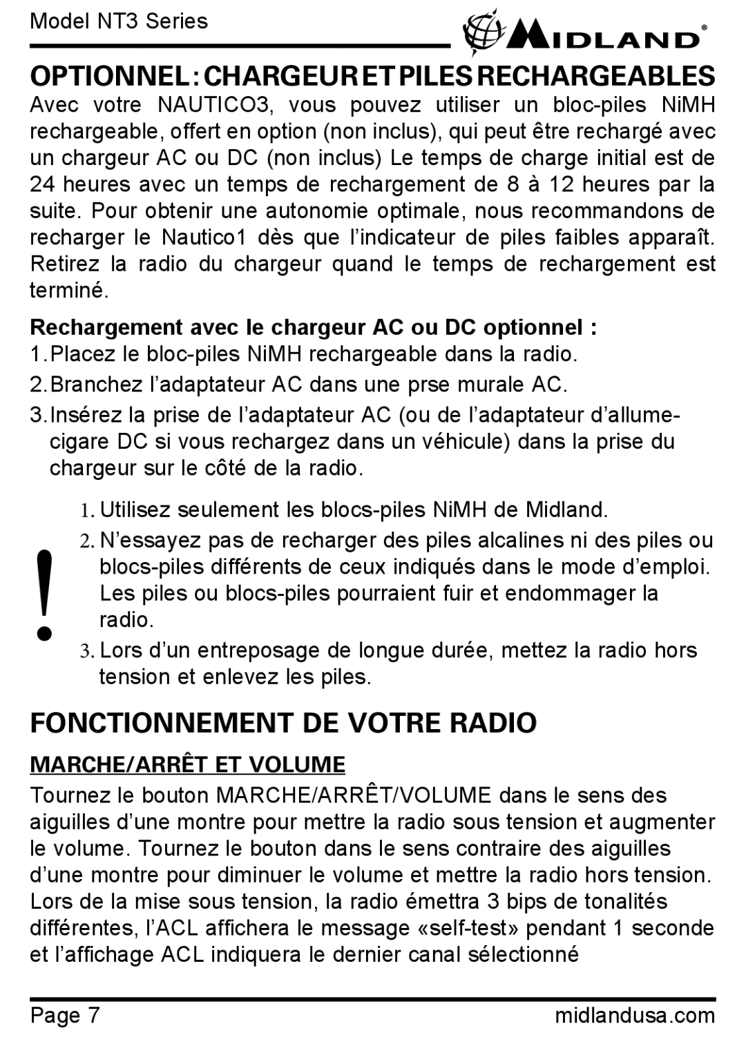 Midland Radio NT3 SERIES Optionnelchargeuretpilesrechargeables, Fonctionnement DE Votre Radio, MARCHE/ARRÊT ET Volume 