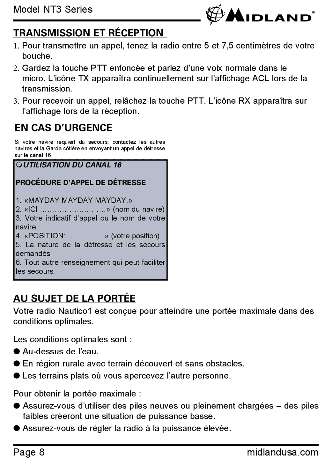 Midland Radio NT3 SERIES manual Transmission ET Réception, En Cas D’Urgence, AU Sujet DE LA Portée 