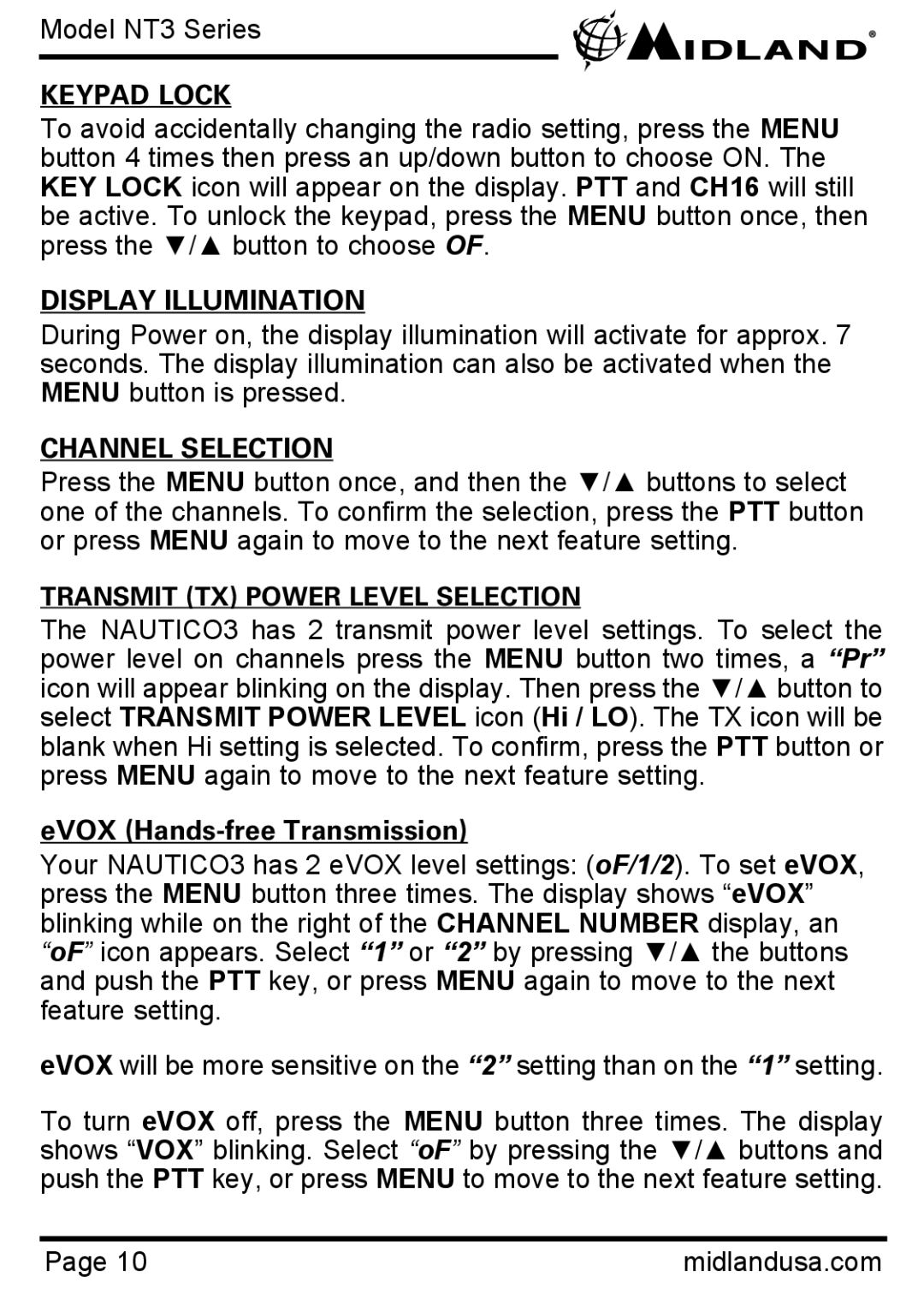 Midland Radio NT3 manual Keypad Lock, Display Illumination, Channel Selection, EVOX Hands-free Transmission 