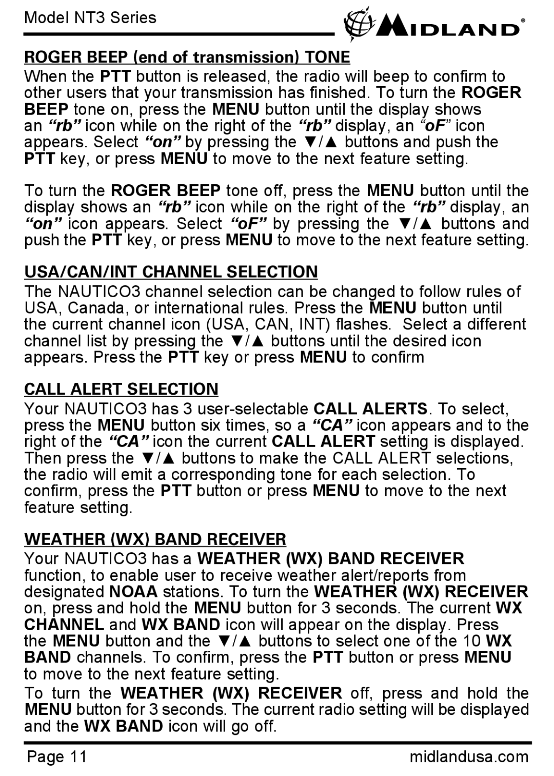 Midland Radio NT3 manual Roger Beep end of transmission Tone, USA/CAN/INT Channel Selection, Call Alert Selection 