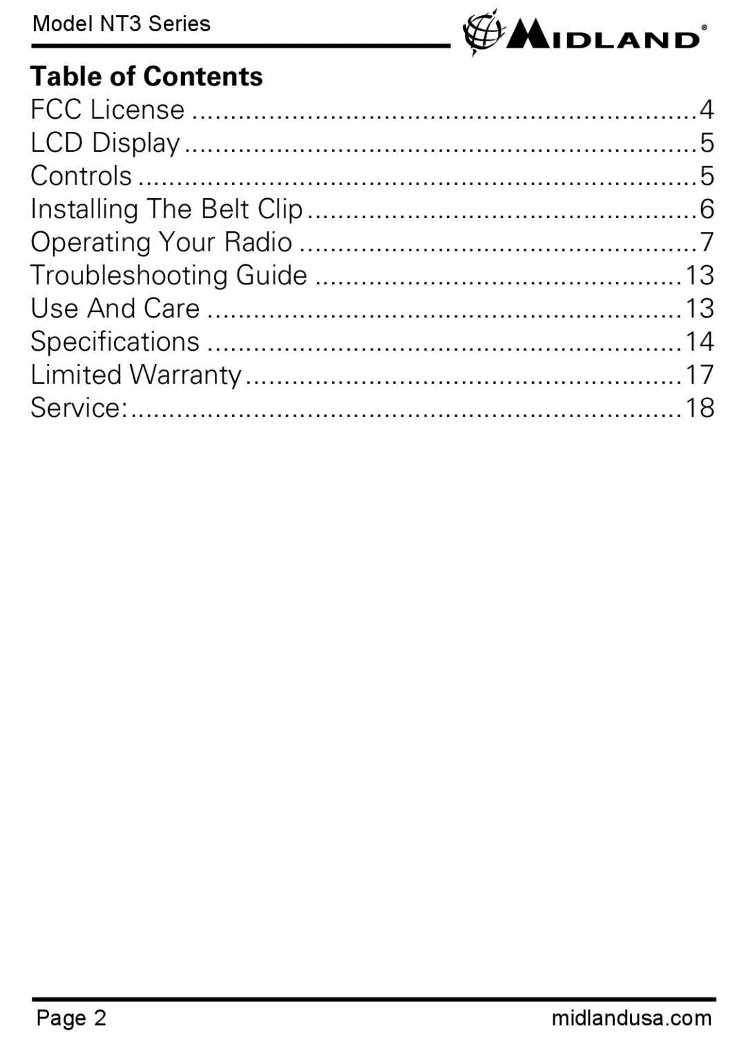 Midland Radio NT3 manual Table of Contents 