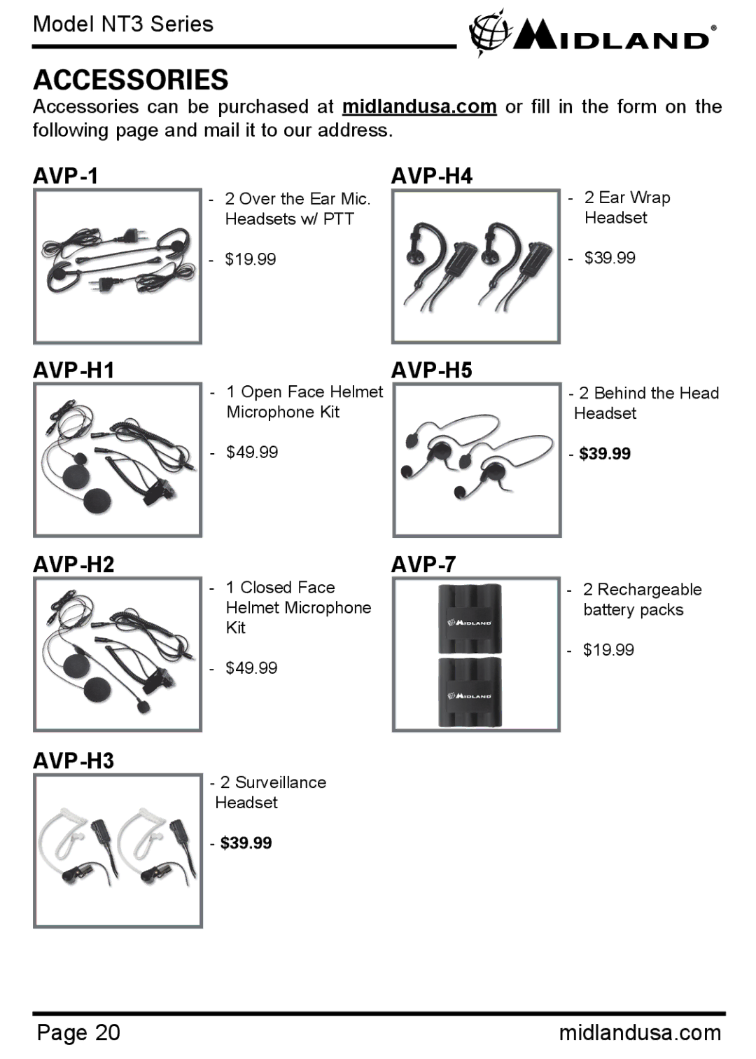 Midland Radio NT3 manual Accessories, AVP-1AVP-H4, AVP-H1AVP-H5, AVP-H2AVP-7, AVP-H3 