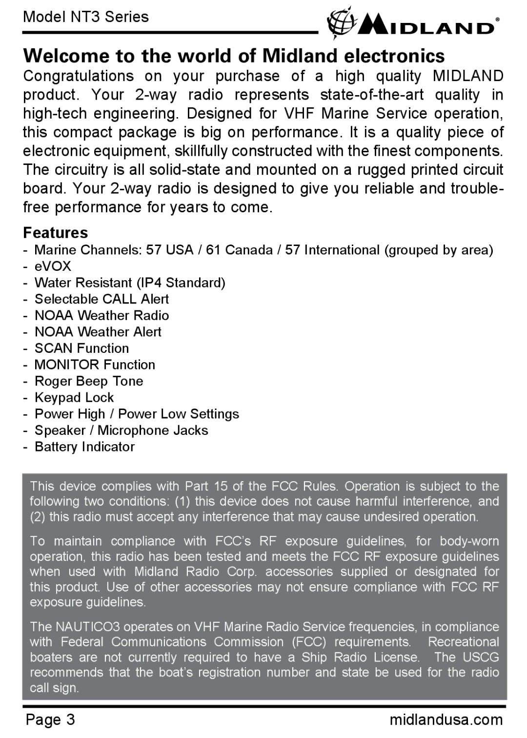 Midland Radio NT3 manual Welcome to the world of Midland electronics, Features 