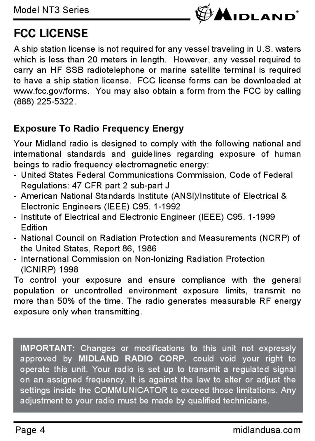 Midland Radio NT3 manual FCC License, Exposure To Radio Frequency Energy 