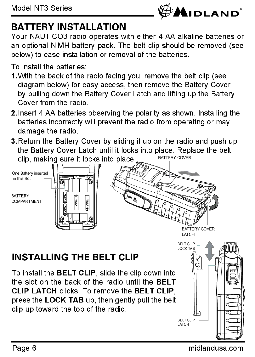 Midland Radio NT3 manual Battery Installation, Installing the Belt Clip 