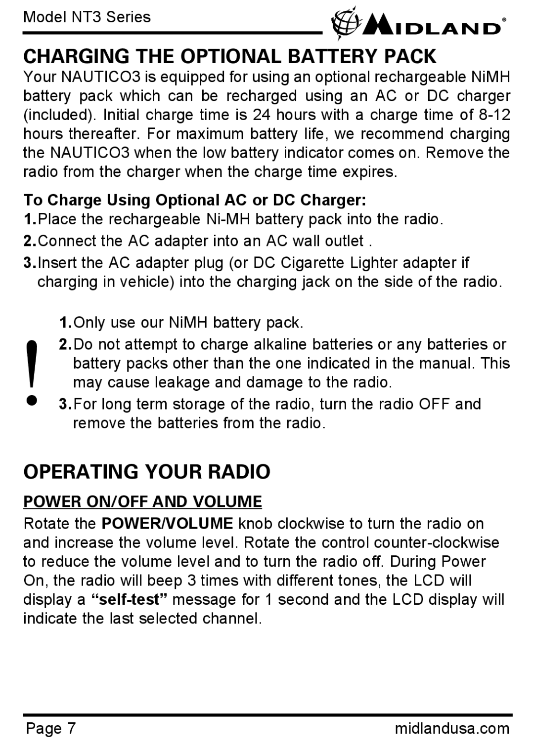 Midland Radio NT3 Charging the Optional Battery Pack, Operating Your Radio, To Charge Using Optional AC or DC Charger 