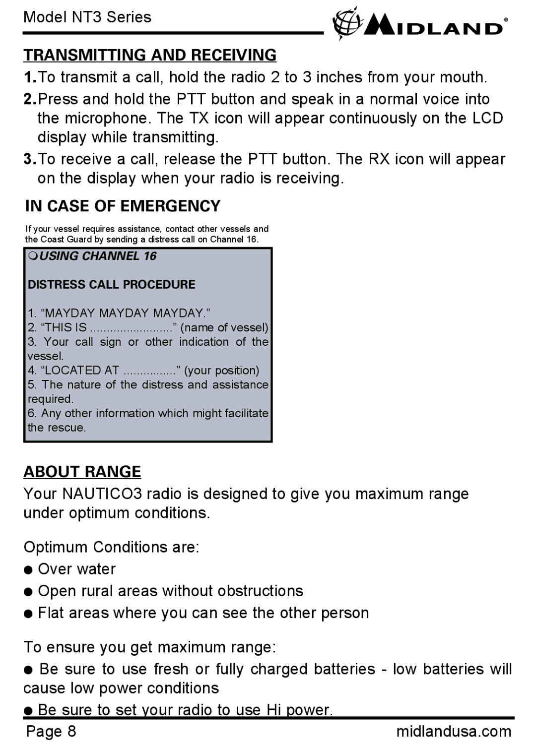 Midland Radio NT3 manual Transmitting and Receiving, Case of Emergency, About Range, Distress Call Procedure 