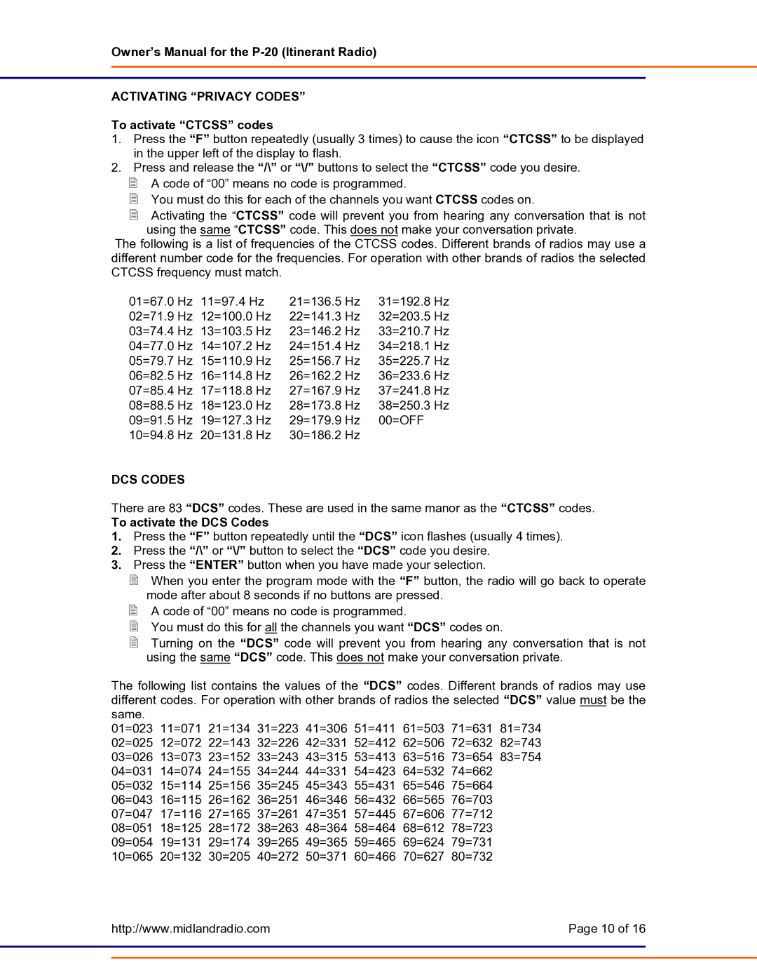 Midland Radio P-20 owner manual Activating Privacy Codes, To activate Ctcss codes, To activate the DCS Codes 