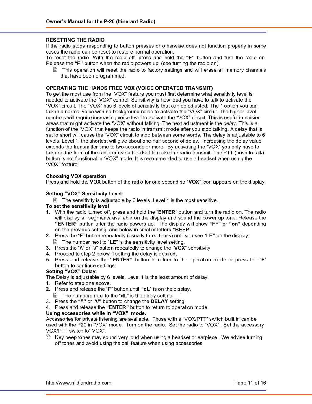 Midland Radio P-20 owner manual Resetting the Radio, Operating the Hands Free VOX Voice Operated Transmit 