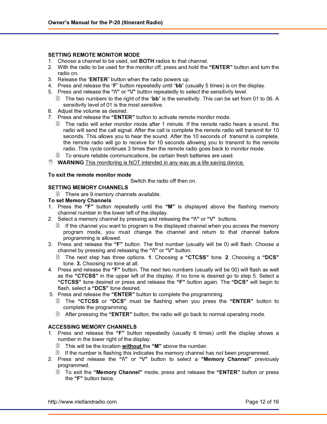 Midland Radio P-20 owner manual Setting Remote Monitor Mode, To exit the remote monitor mode, Setting Memory Channels 