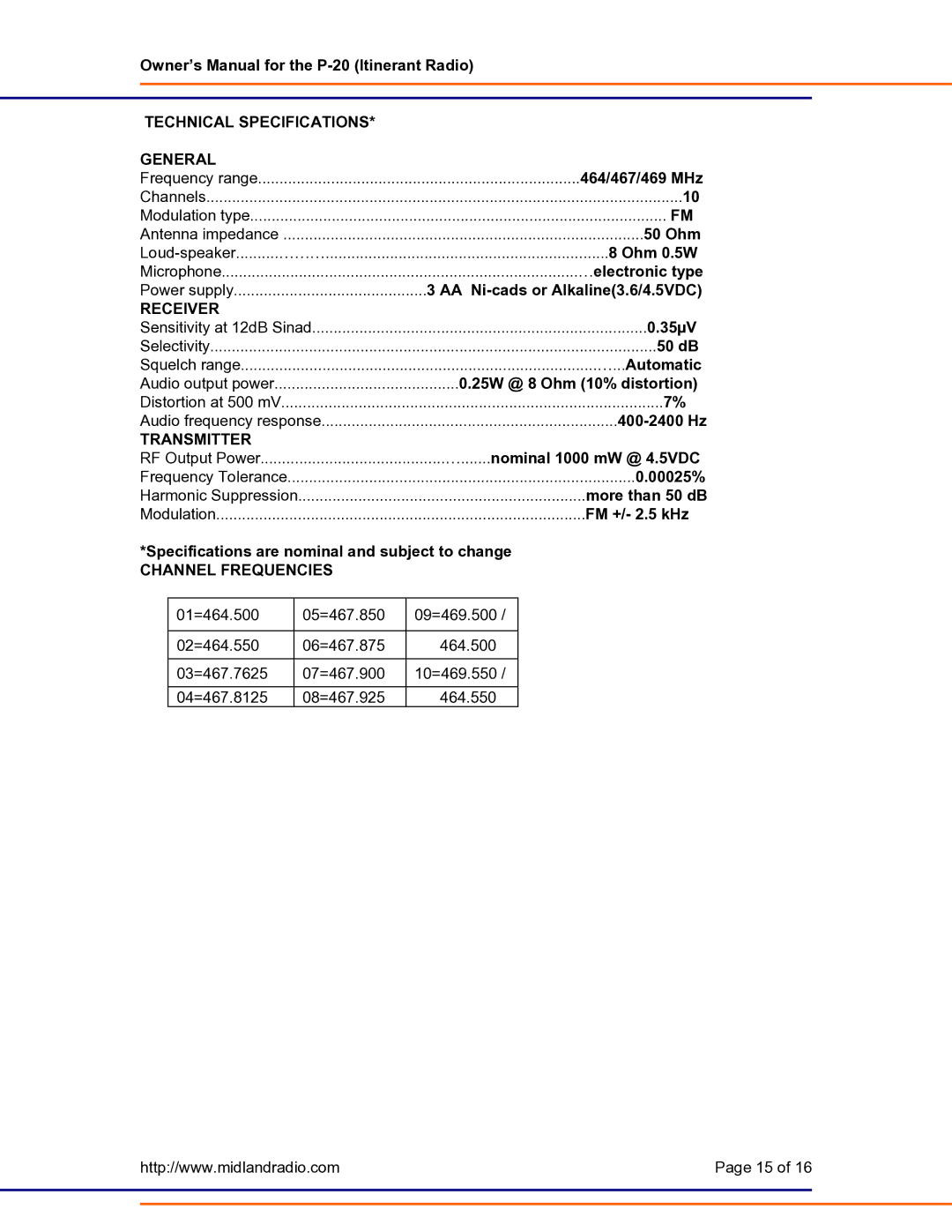 Midland Radio P-20 owner manual Technical Specifications General, Transmitter, Channel Frequencies 