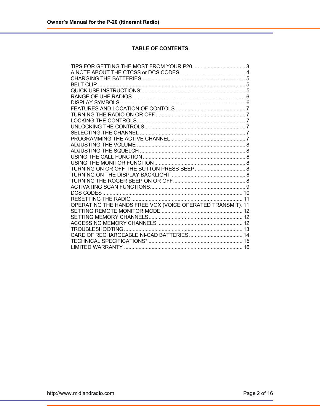 Midland Radio P-20 owner manual Table of Contents 