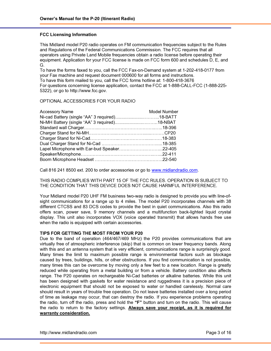 Midland Radio P-20 FCC Licensing Information, Optional Accessories for Your Radio, Tips for Getting the Most from Your P20 