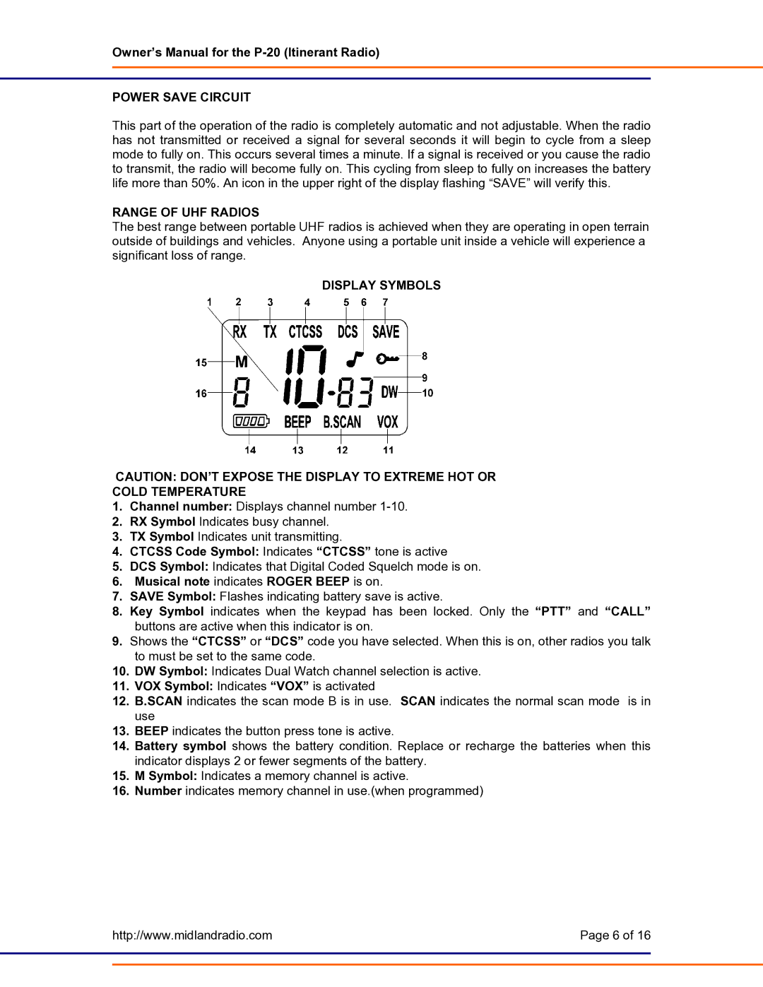 Midland Radio P-20 owner manual Power Save Circuit, Range of UHF Radios, Display Symbols Cold Temperature 