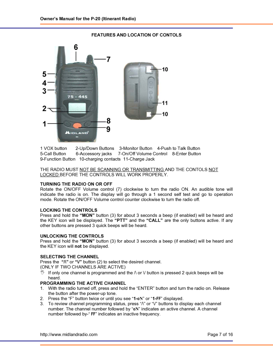 Midland Radio P-20 owner manual Features and Location of Contols, Turning the Radio on or OFF, Locking the Controls 