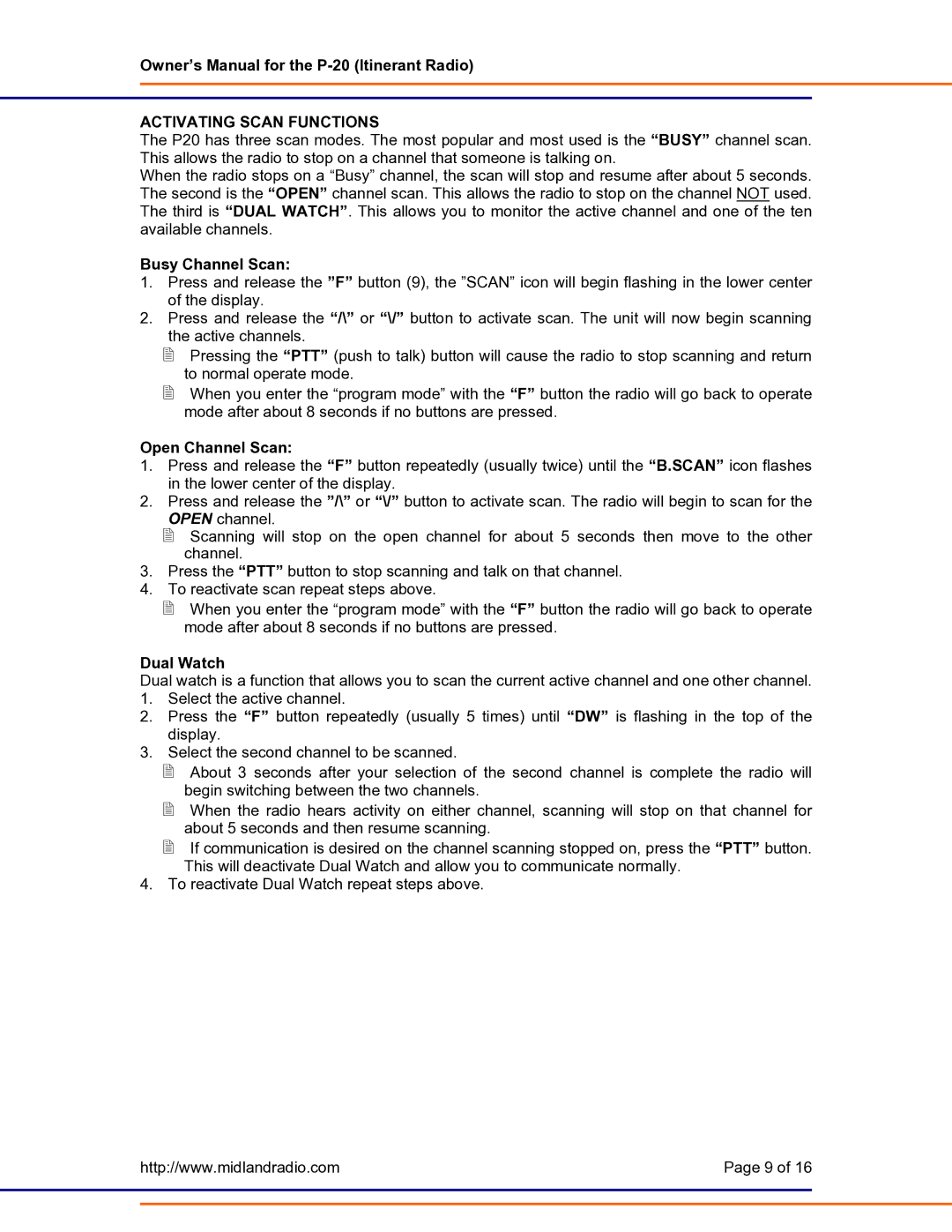 Midland Radio P-20 owner manual Activating Scan Functions, Busy Channel Scan, Open Channel Scan, Dual Watch 