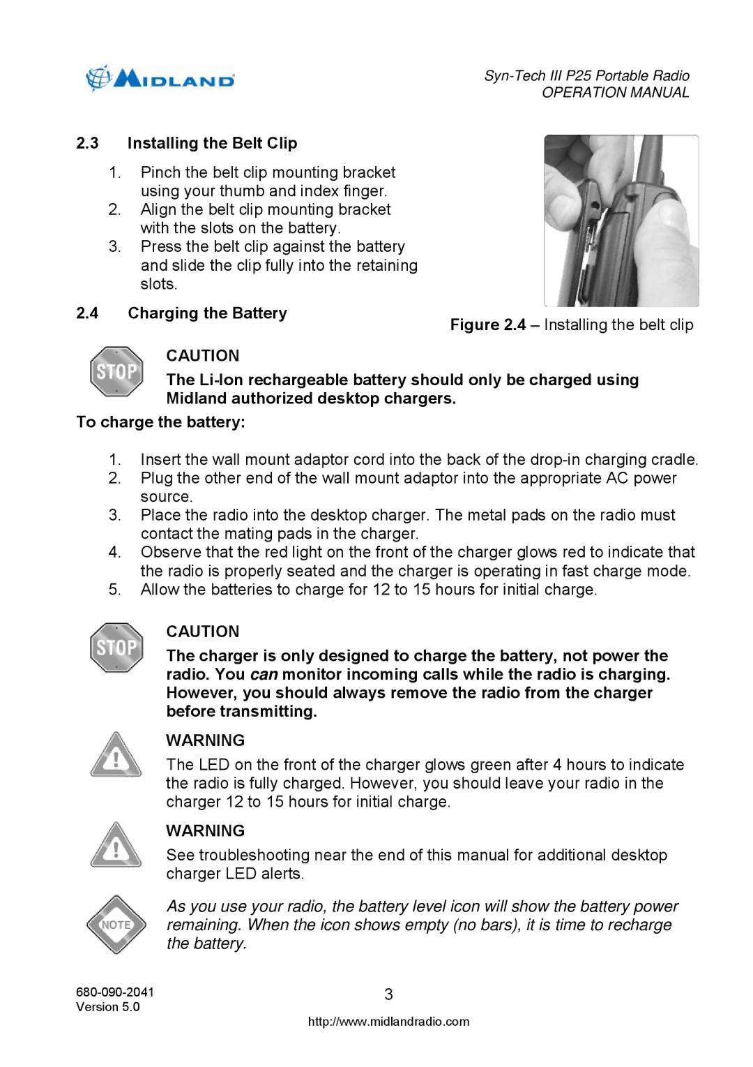 Midland Radio P25 operation manual Installing the Belt Clip, Charging the Battery 