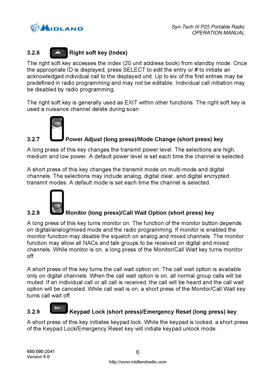 Midland Radio P25 operation manual Right soft key Index, Power Adjust long press/Mode Change short press key 