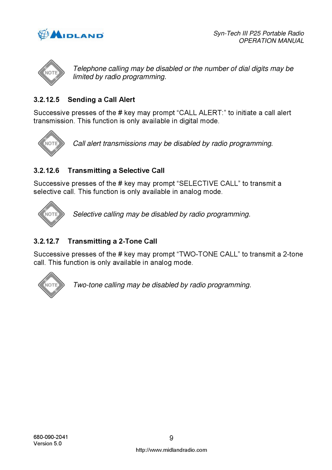 Midland Radio P25 operation manual Sending a Call Alert, Transmitting a Selective Call, Transmitting a 2-Tone Call 