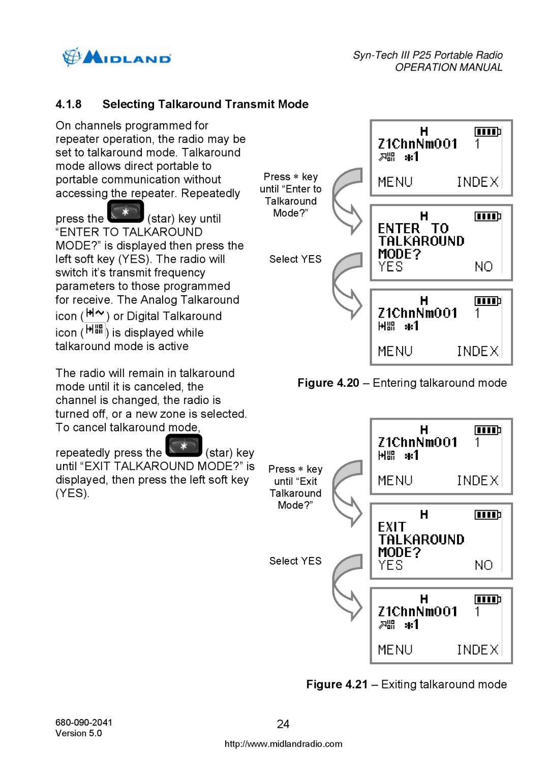 Midland Radio P25 operation manual Selecting Talkaround Transmit Mode, Enter to Talkaround 