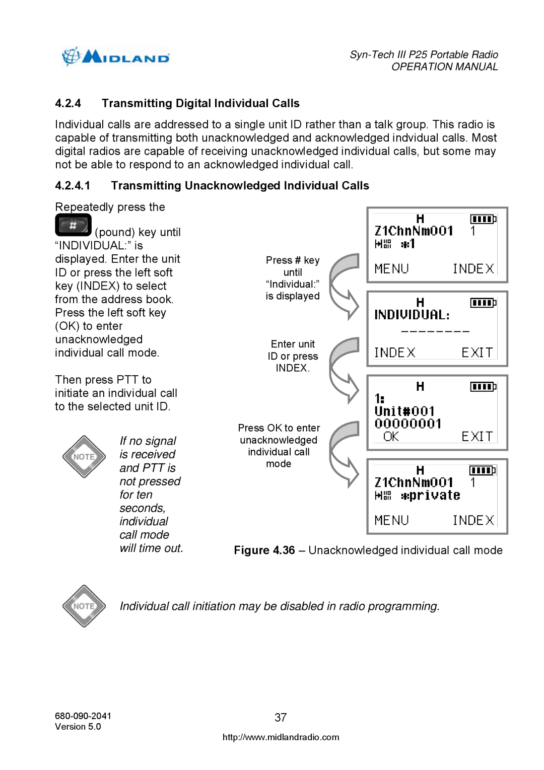 Midland Radio P25 operation manual Transmitting Digital Individual Calls, Transmitting Unacknowledged Individual Calls 