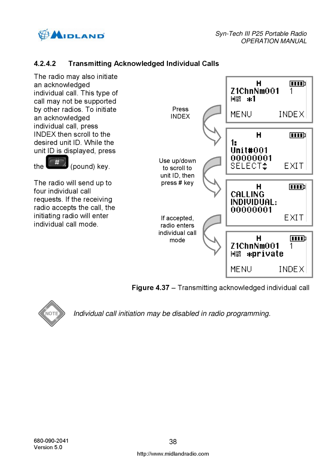 Midland Radio P25 operation manual Transmitting Acknowledged Individual Calls, Transmitting acknowledged individual call 