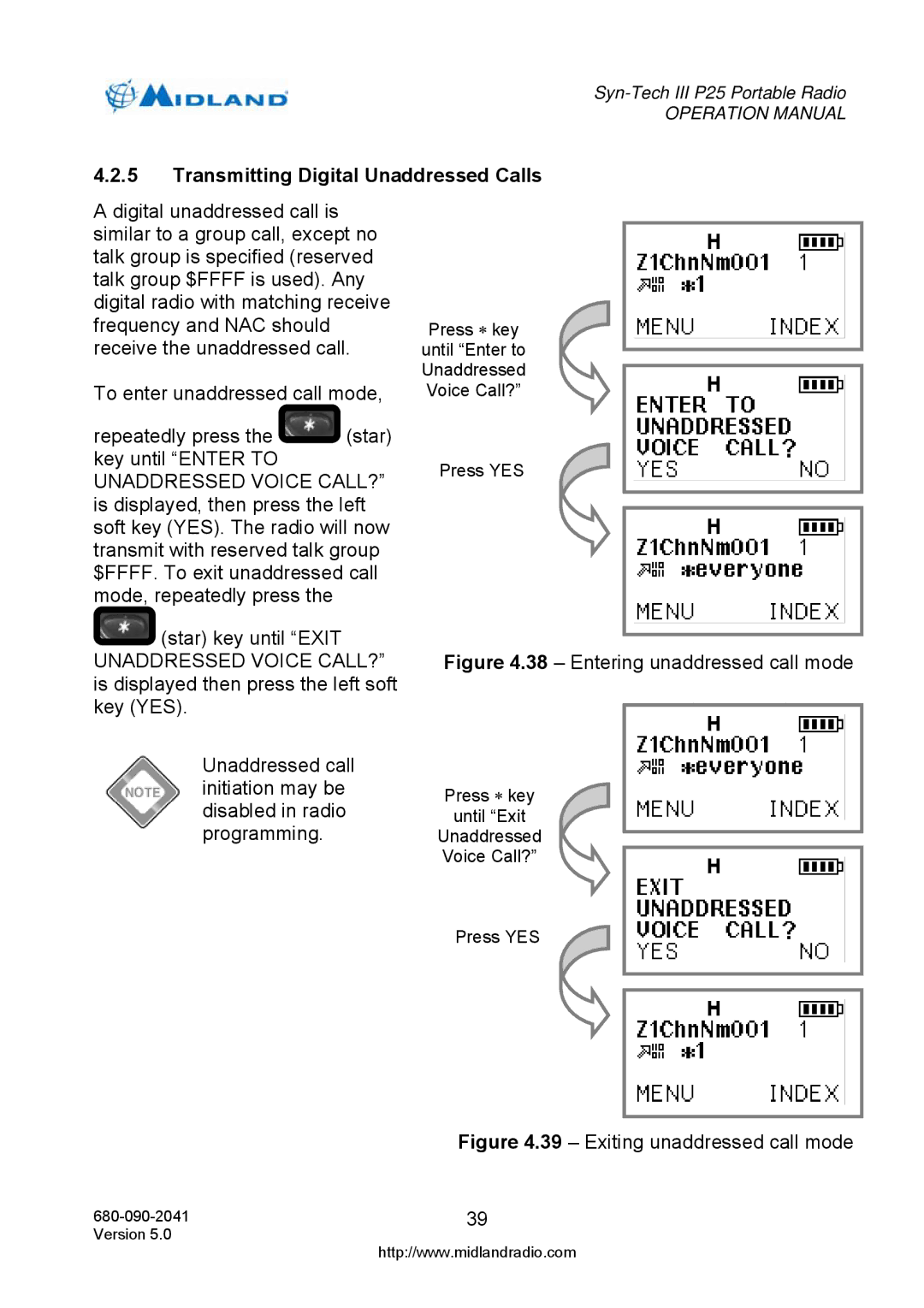 Midland Radio P25 operation manual Transmitting Digital Unaddressed Calls, Exiting unaddressed call mode 