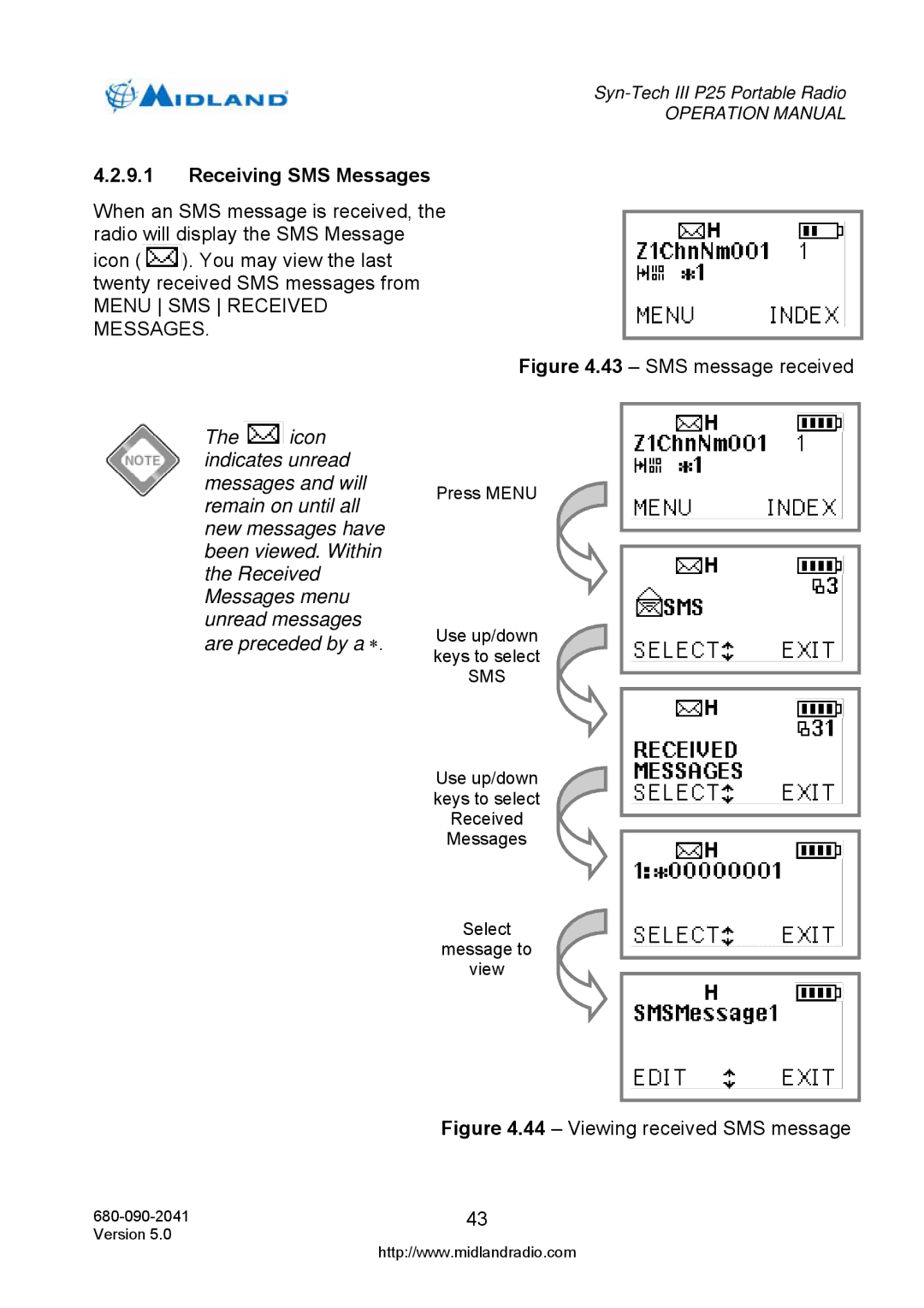 Midland Radio P25 operation manual Receiving SMS Messages, Menu SMS Received Messages 