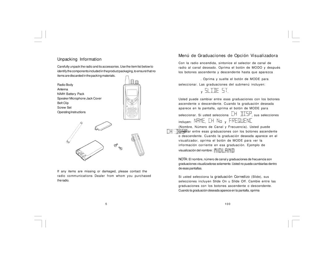 Midland Radio PL5161 Series, PL5164 Series manual Unpacking Information, Menú de Graduaciones de Opción Visualizadora 