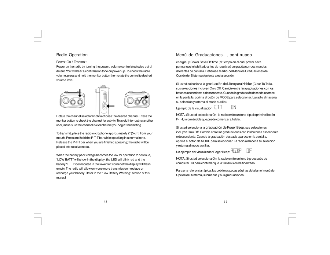 Midland Radio PL5161 Series, PL5164 Series manual Radio Operation, Menú de Graduaciones..., continuado, Power On / Transmit 