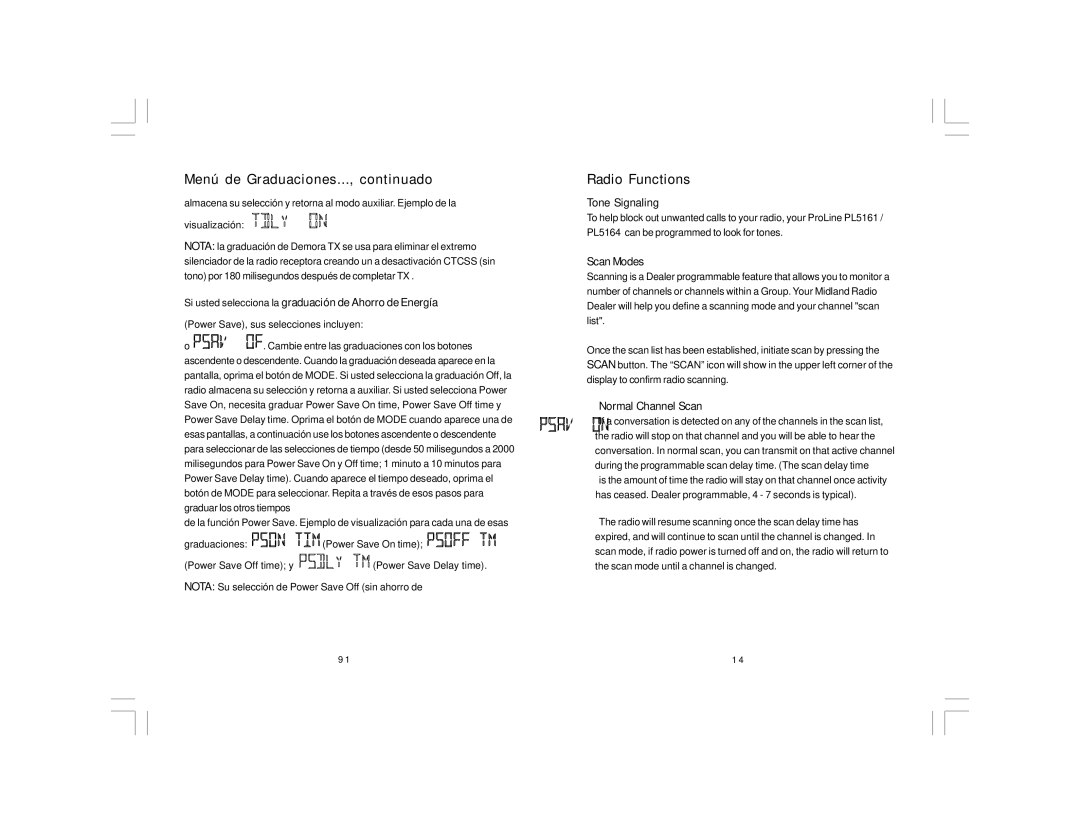 Midland Radio PL5164 Series manual Radio Functions, Si usted selecciona la graduación de Ahorro de Energía, Tone Signaling 