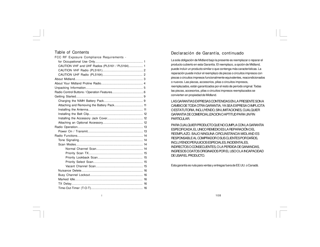 Midland Radio PL5161 Series, PL5164 Series manual Table of Contents, Declaración de Garantía, continuado 