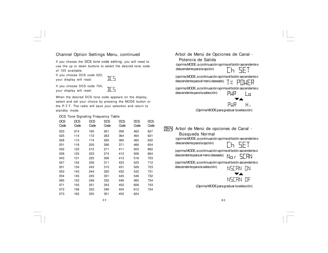 Midland Radio PL5161 Series Arbol de Menú de Opciones de Canal Potencia de Salida, DCS Tone Signaling Frequency Table 