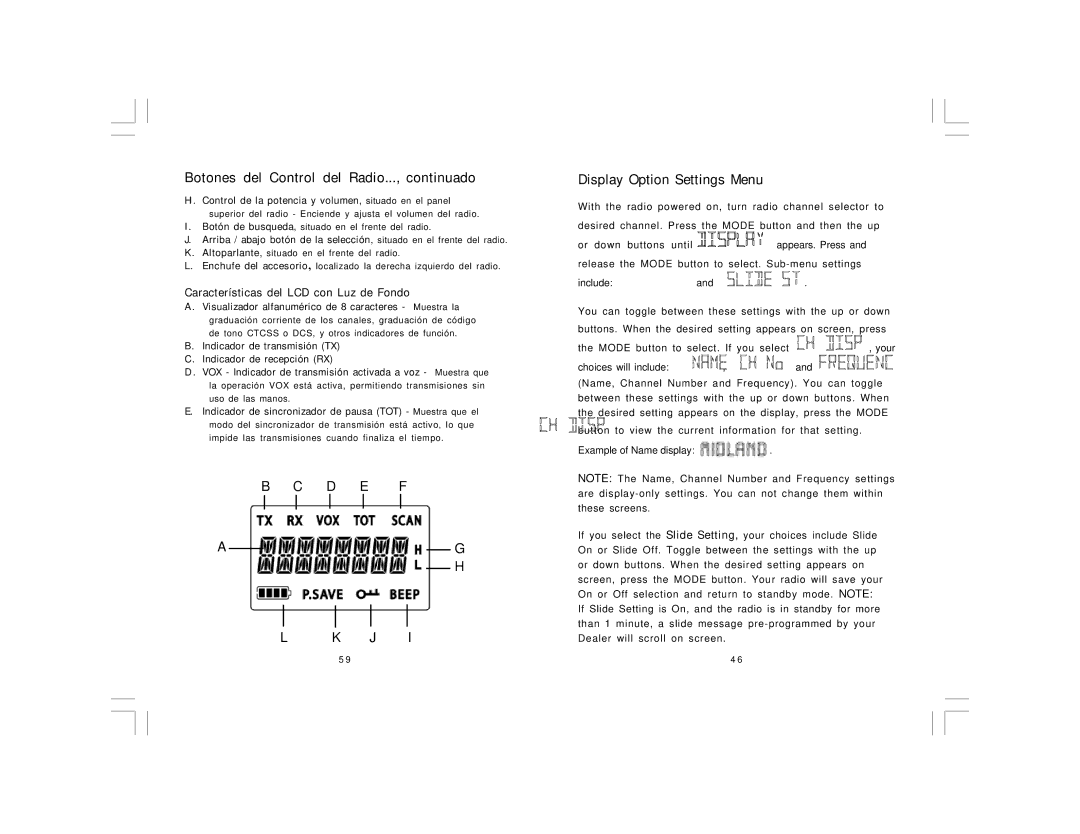 Midland Radio PL5164 Series, PL5161 Series manual Display Option Settings Menu, Características del LCD con Luz de Fondo 